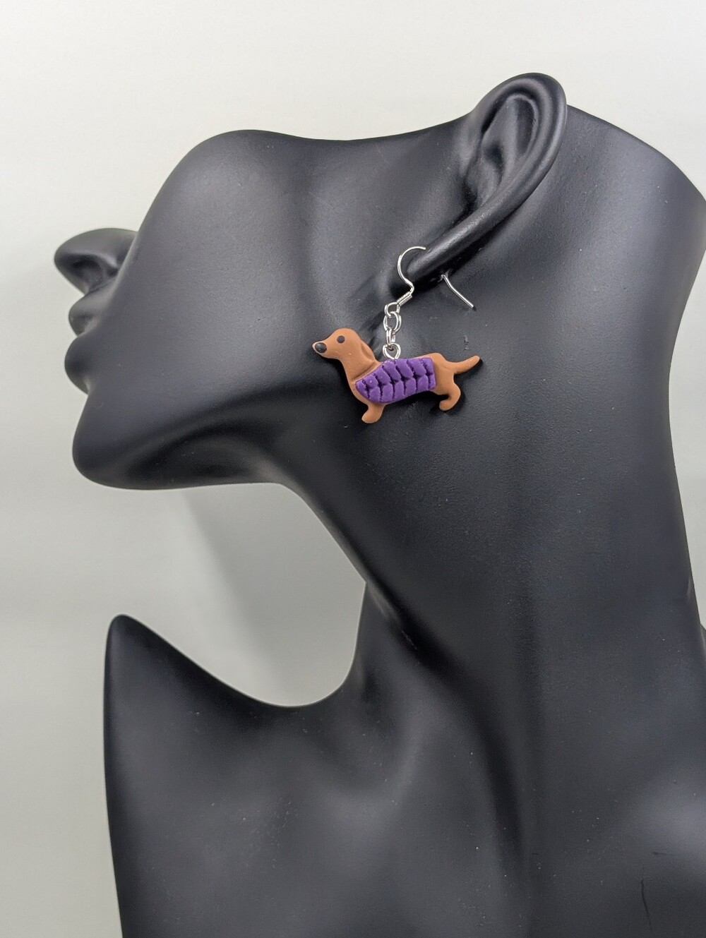 Dachshund In Purple Sweater Earrings